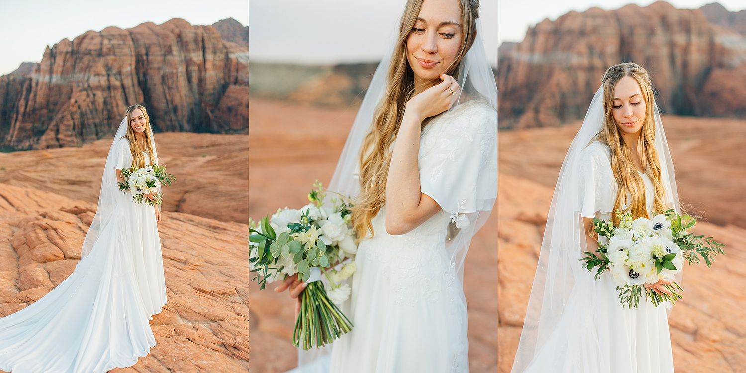 A wedding photoshoot featuring flowing white dress and bouquet against dramatic red rock formations in the desert.