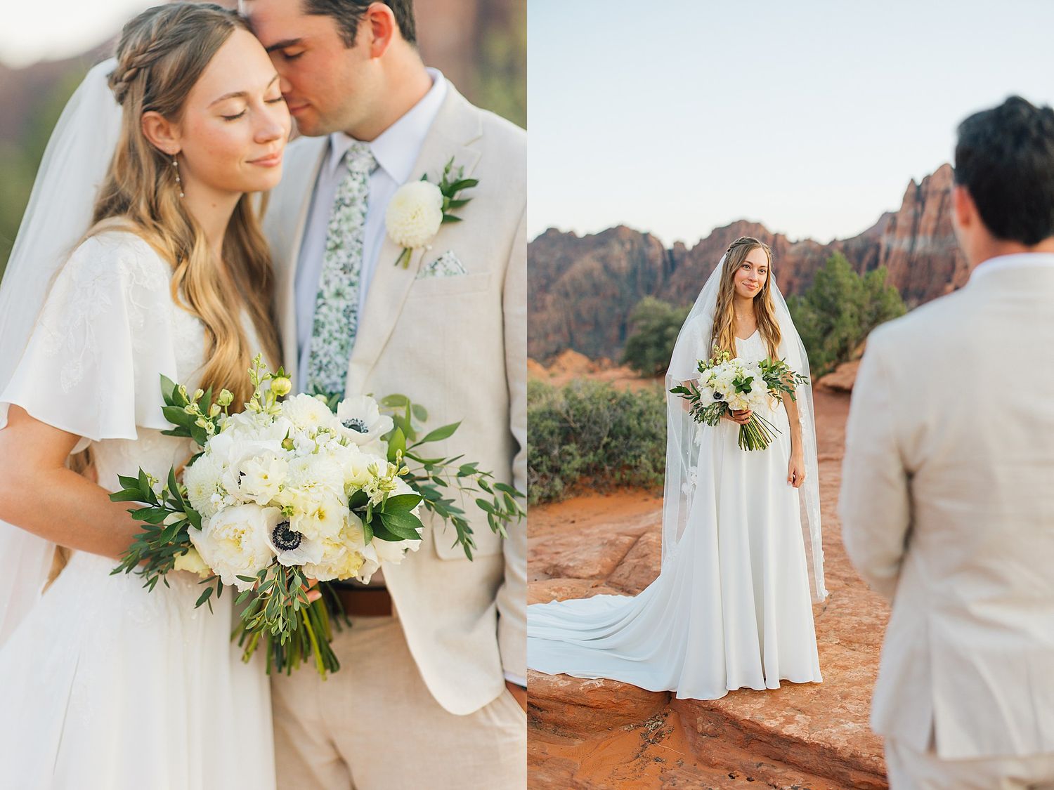 A wedding couple poses against the red rocks of Sedona, with the bride holding a white floral bouquet.