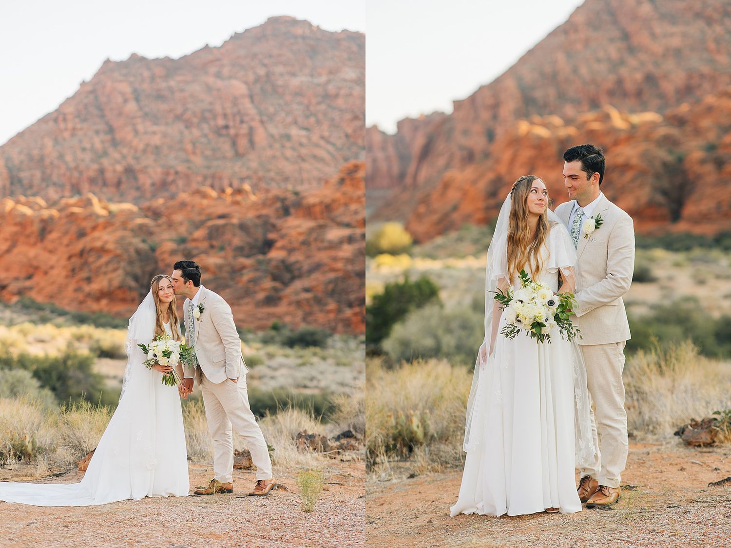 A desert wedding couple poses together among the majestic red rock formations at sunset.