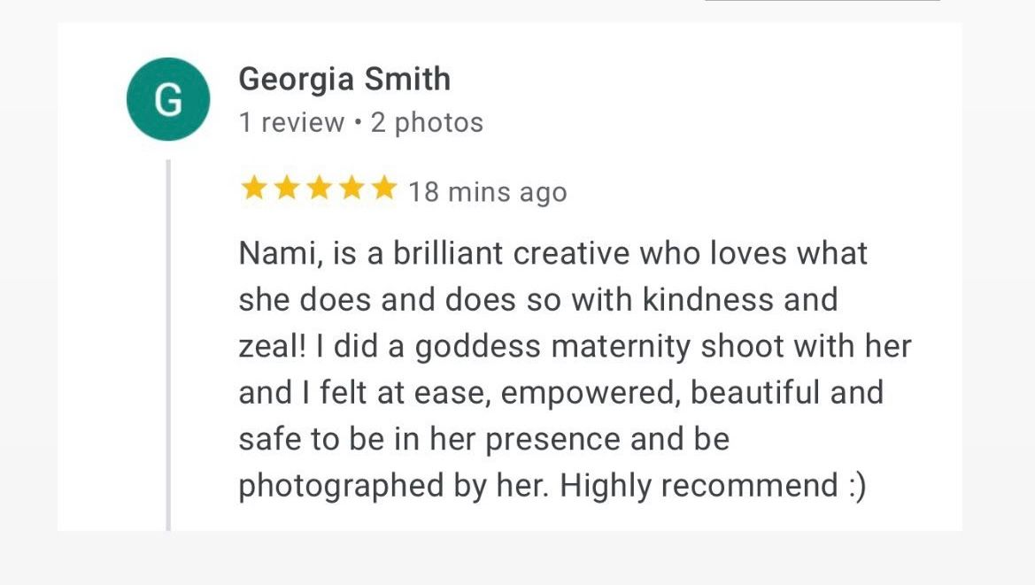 Five-star Google review by Georgia Smith praising Nami for an empowering goddess maternity photography shoot.