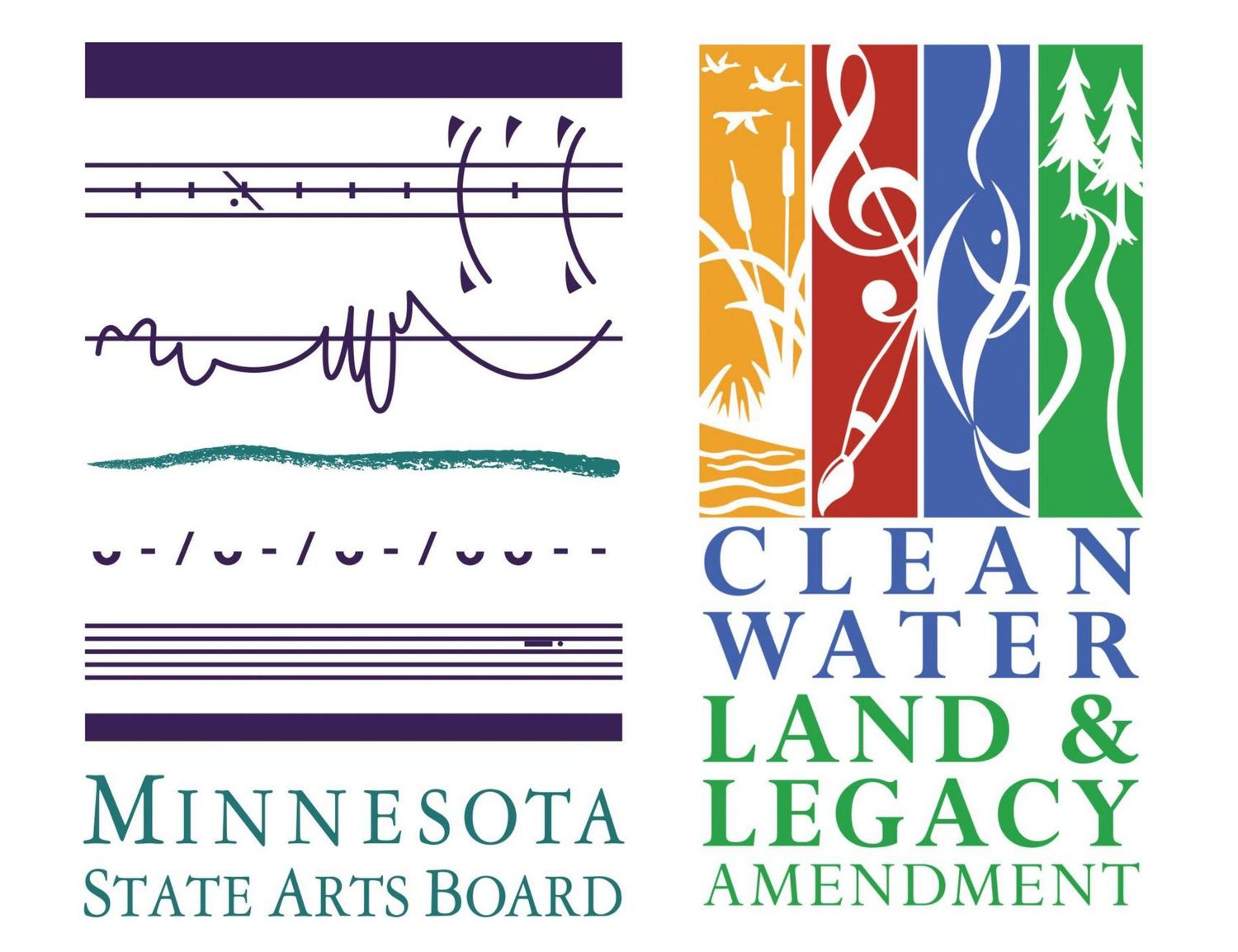A row of colorful logos and text including arts board, water, land, and legacy amendment branding elements.
