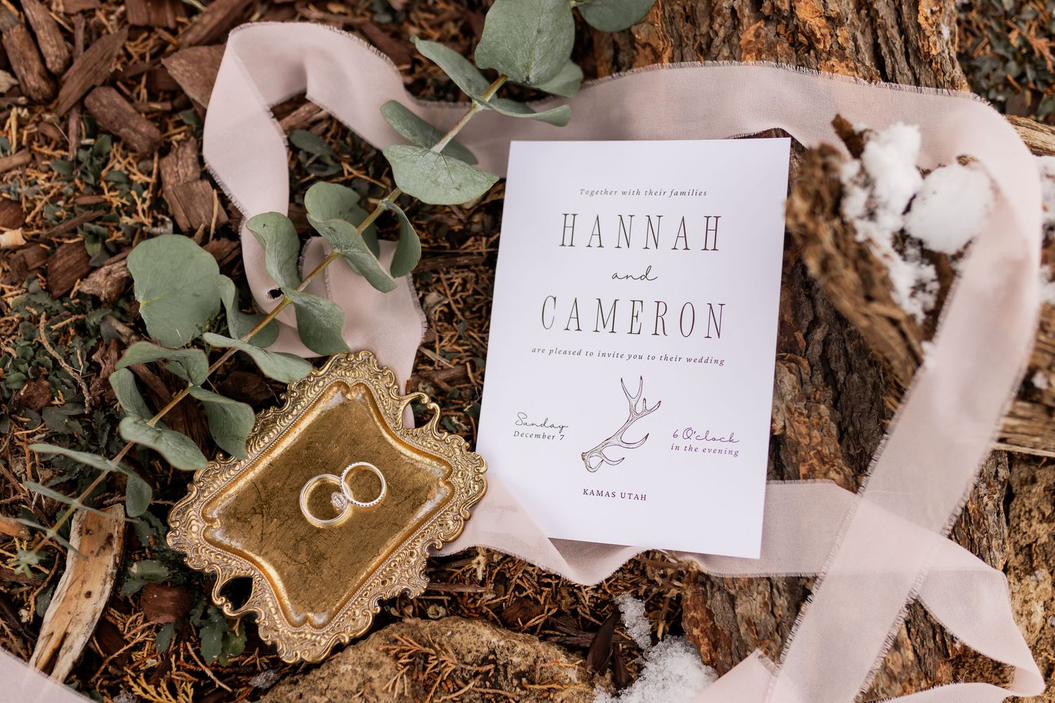 Wedding flat lay with invitation suite and rings, Utah wedding detail photography