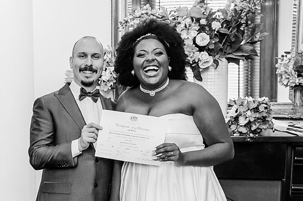 Black and white photo collage showing joyful wedding moments with couples holding marriage certificates.