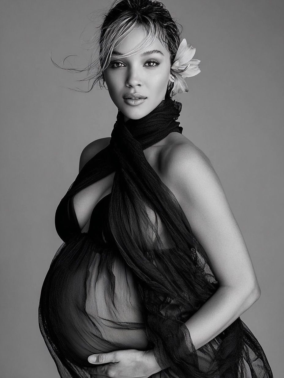 Black and white artistic maternity portrait featuring a flowing sheer black wrap and white flower hair accessory.