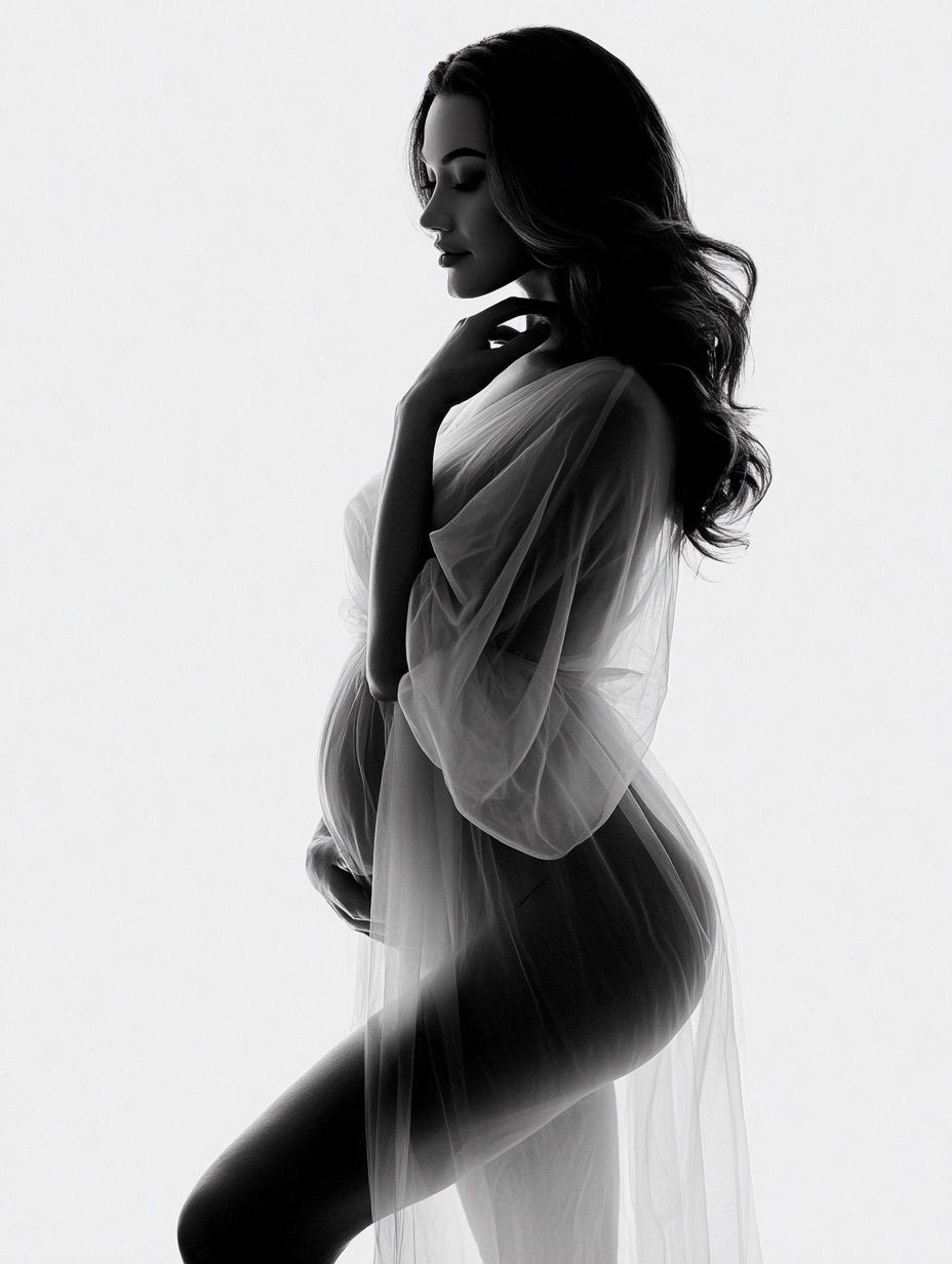 A series of artistic black and white silhouette maternity portraits showing a pregnant woman in flowing fabric against light backdrop.