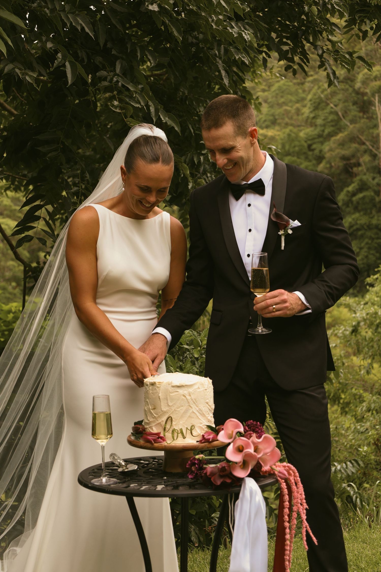 A romantic sunset wedding photo sequence shows a couple sharing intimate moments in a golden meadow.