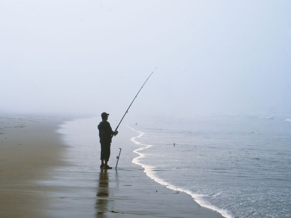 Silhouettes of people surf fishing along a misty beach at sunrise.