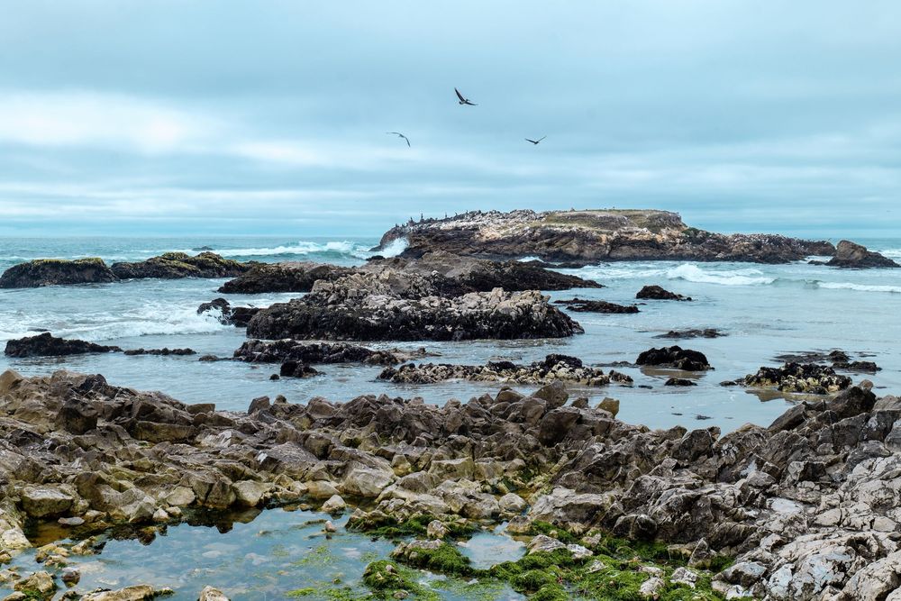 Panoramic view of a rocky coastline with waves crashing against cliffs under cloudy skies.