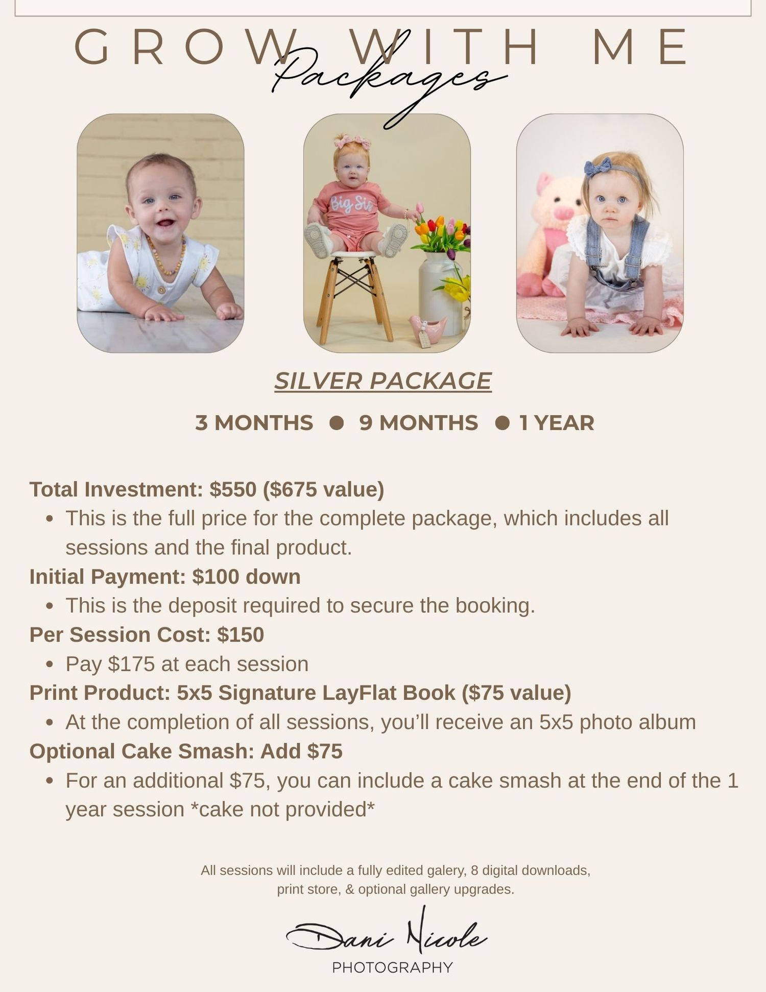 Silver package details for baby milestone photography with pricing and session information.