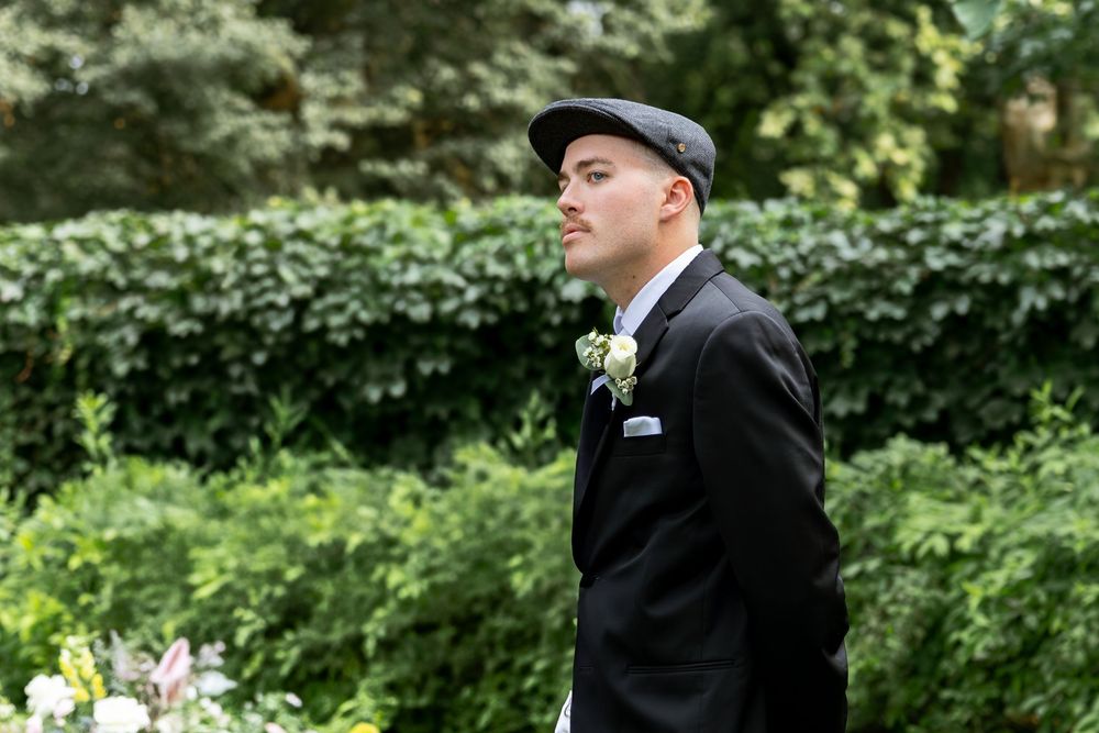 A collage of wedding photos showing formal attire and garden scenery during an outdoor celebration.