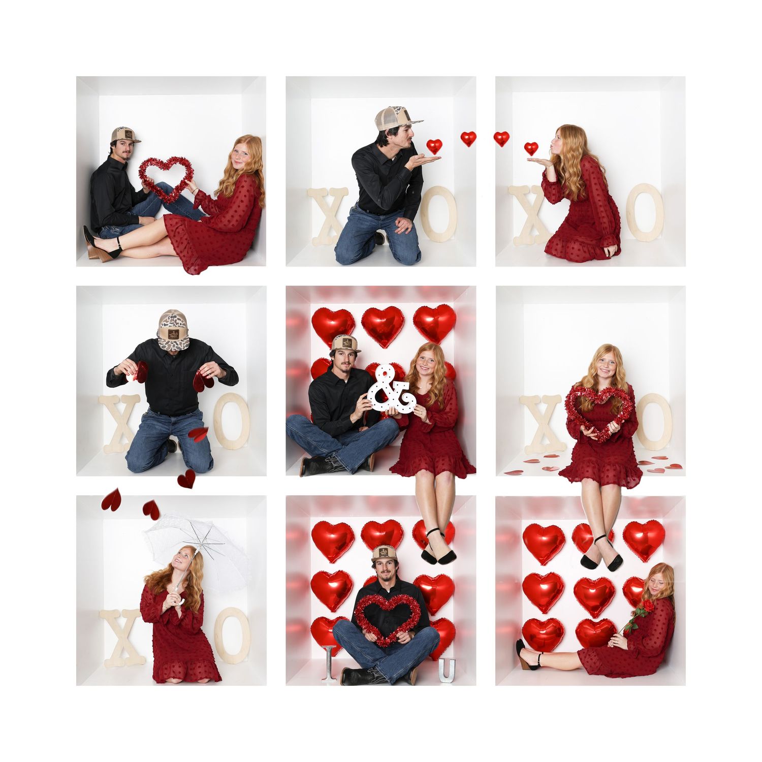 Series of Valentine's Day themed photo poses with red heart decorations. Box photography session