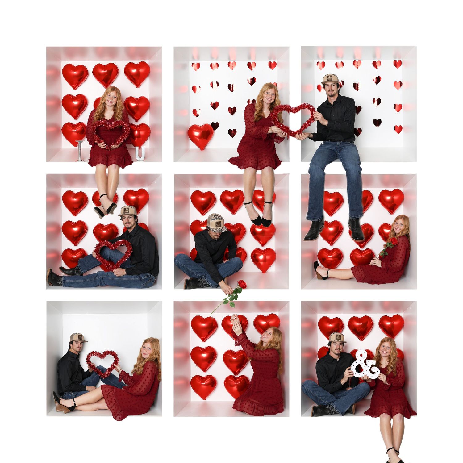 Valentine's Day photo session grid with red heart decorations and romantic poses. Box photography session