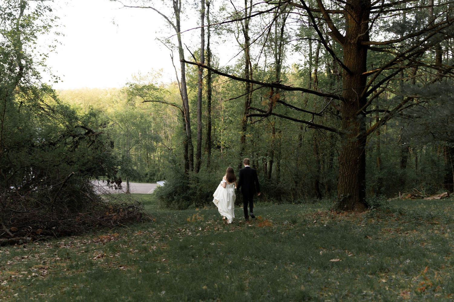 A scenic panoramic view of a wooded forest path with tall trees and natural greenery stretching into the distance.