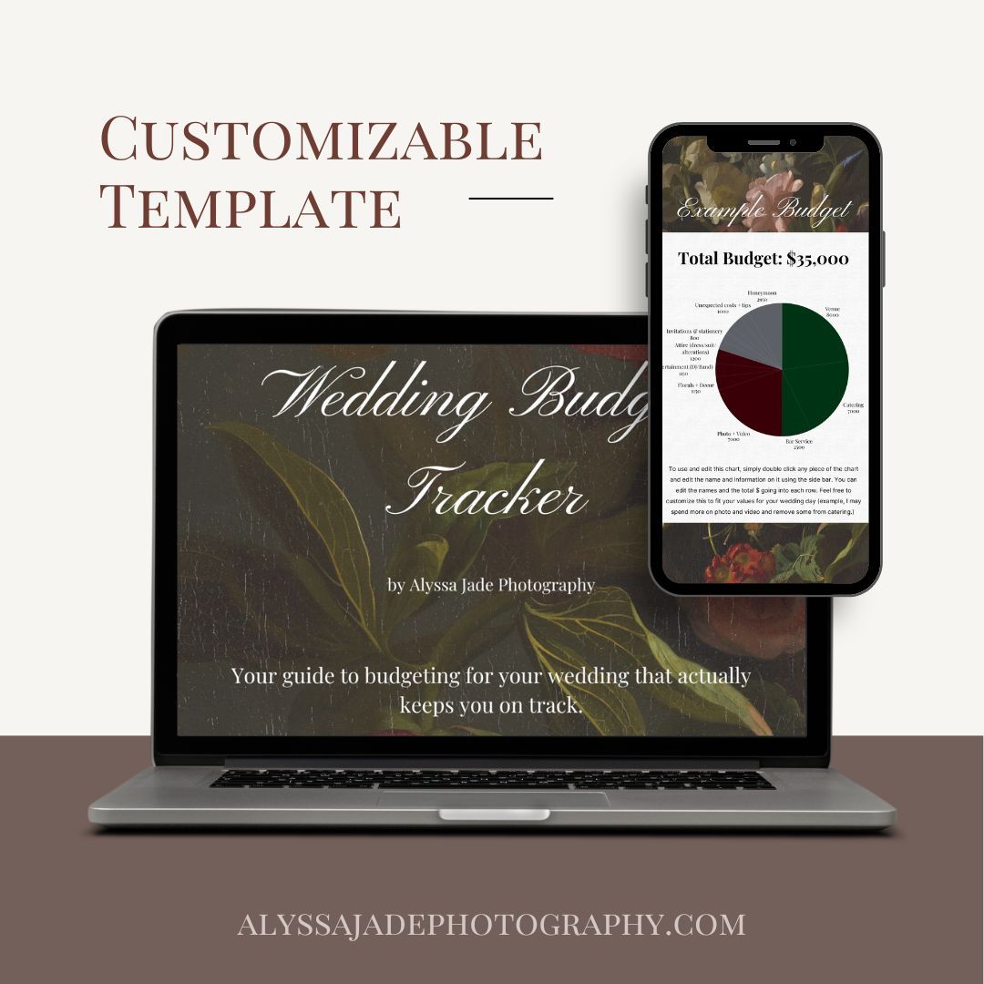 Customizable wedding budget tracker template displayed on laptop and phone by Alyssa Jade Photography.