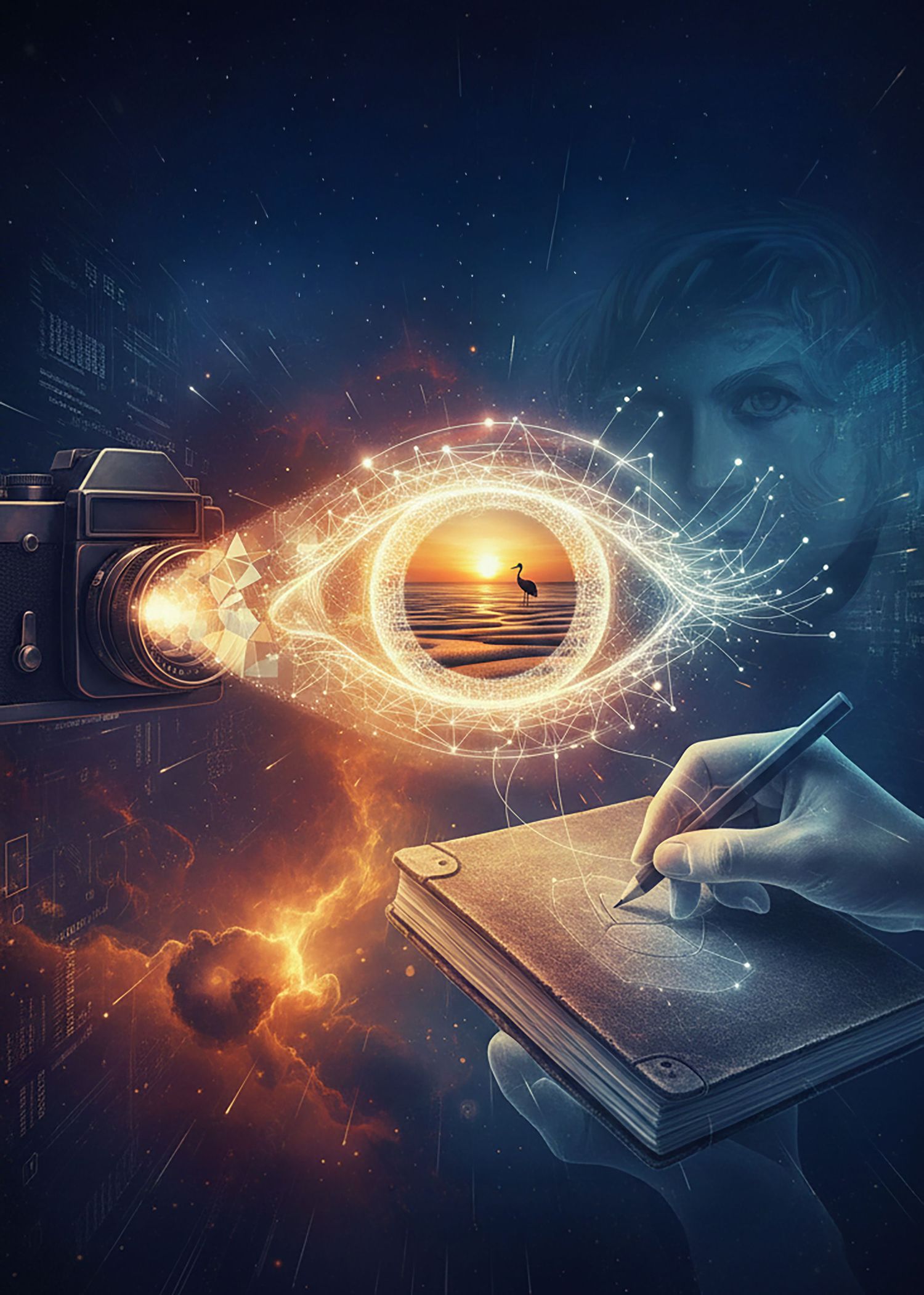 A mystical book emits glowing cosmic energy forming a spiral galaxy pattern against a dark starry background.