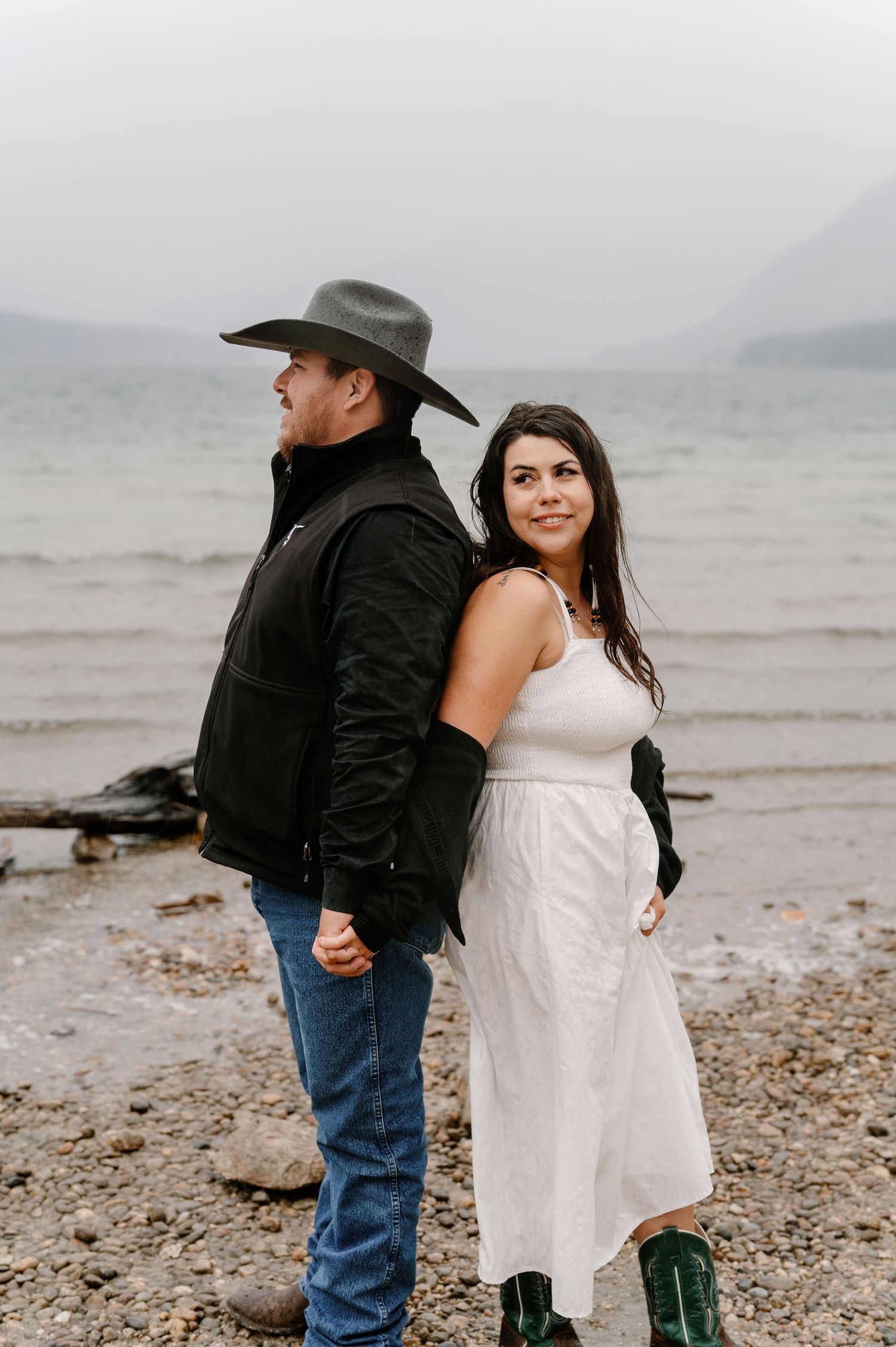 Rainy engagement photos on Lake Wenatchee