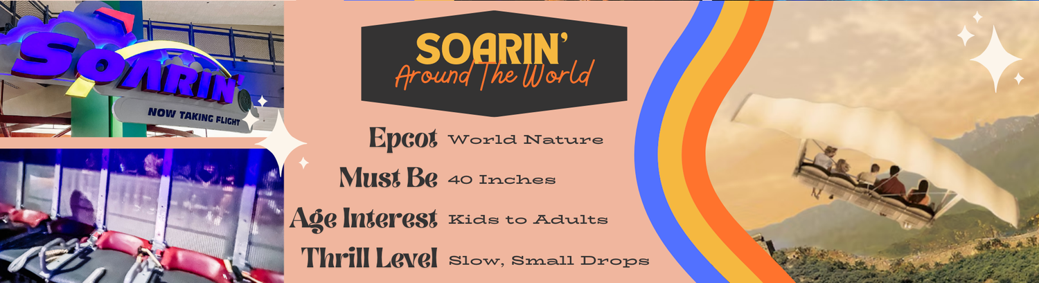 Colorful theme park banners showcasing popular attractions including Soarin and thrilling roller coaster experiences.