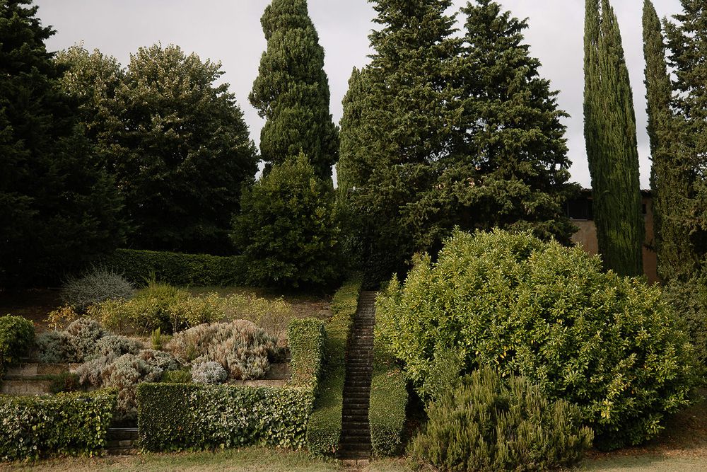 Manicured garden with cypress trees and stone steps in Tuscan style landscape.