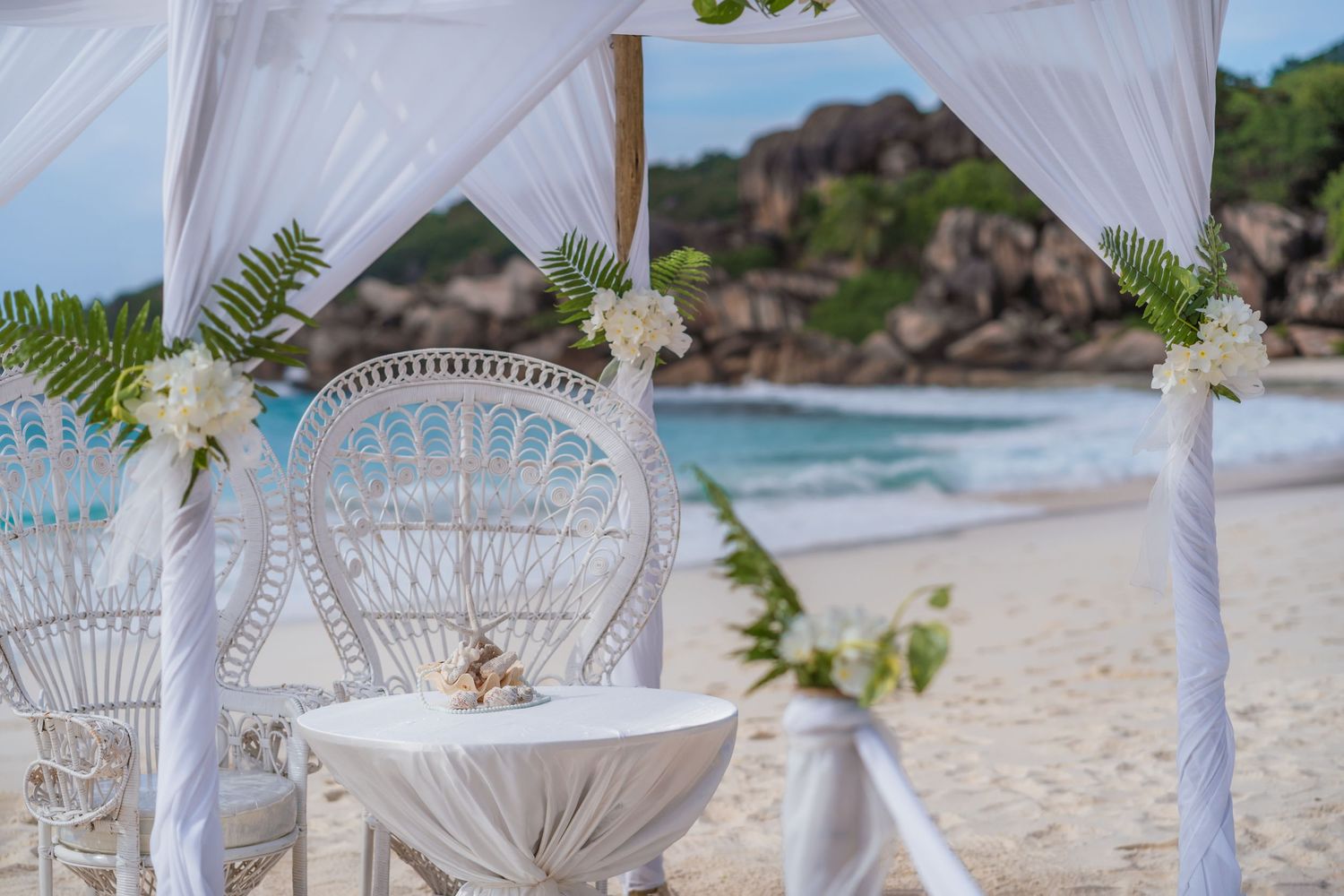 White peacock chair and drapery decorate a romantic beach wedding setup with tropical palms and rocky coastline background.