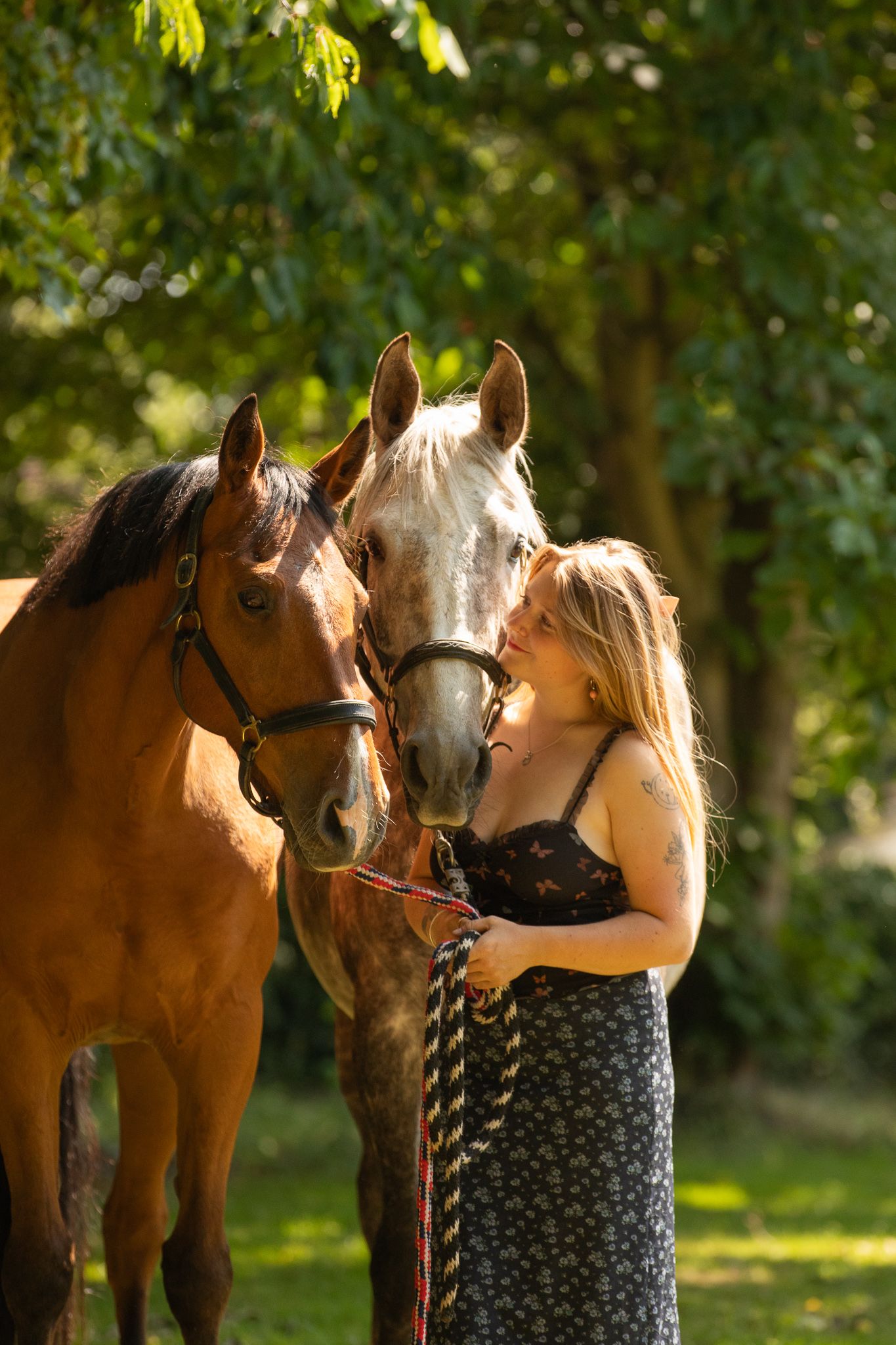 A group poses with horses along a tree-lined path during a sunny autumn day for outdoor photos.