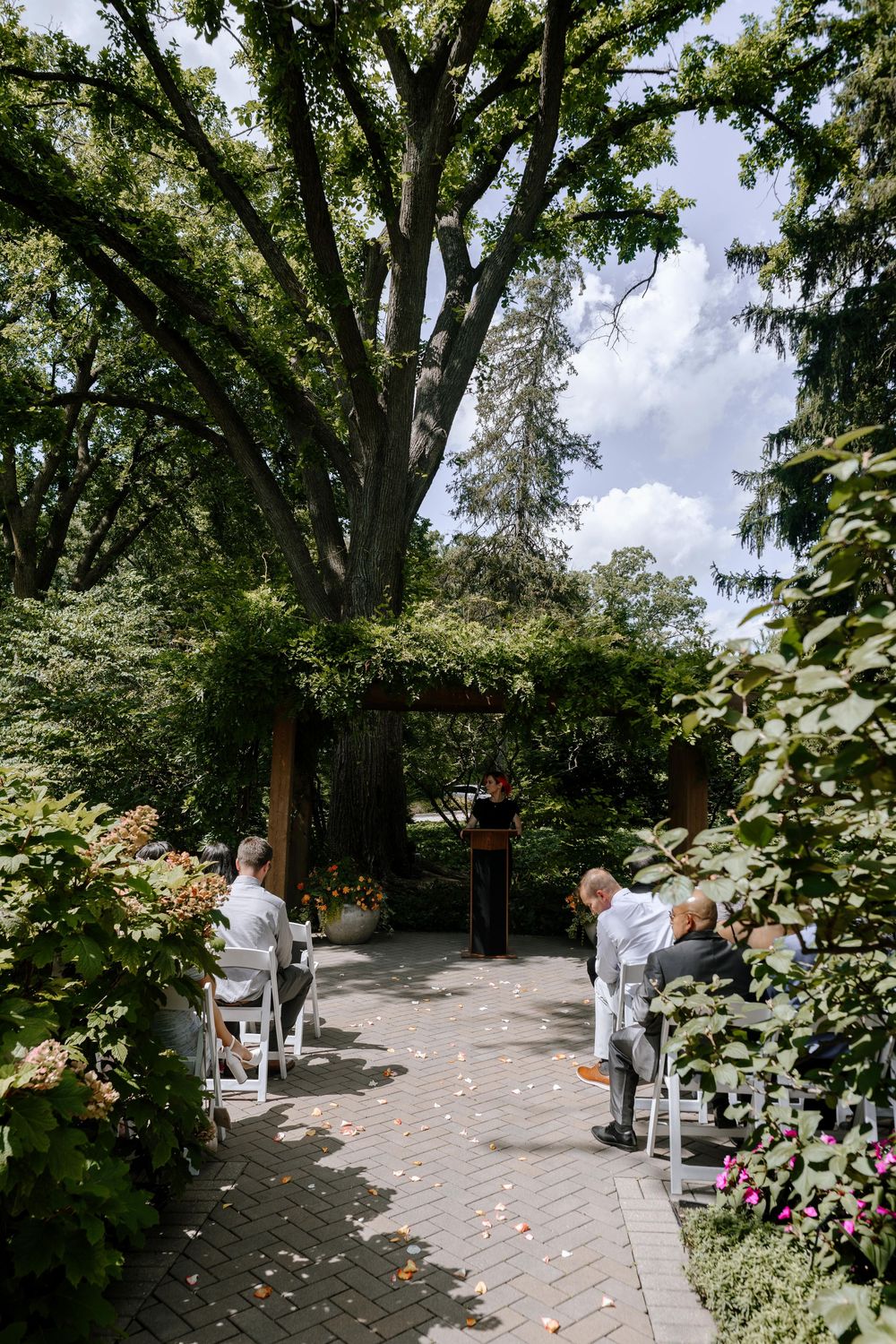 People walking along a winding garden path surrounded by lush green trees and flowering plants on a sunny day.