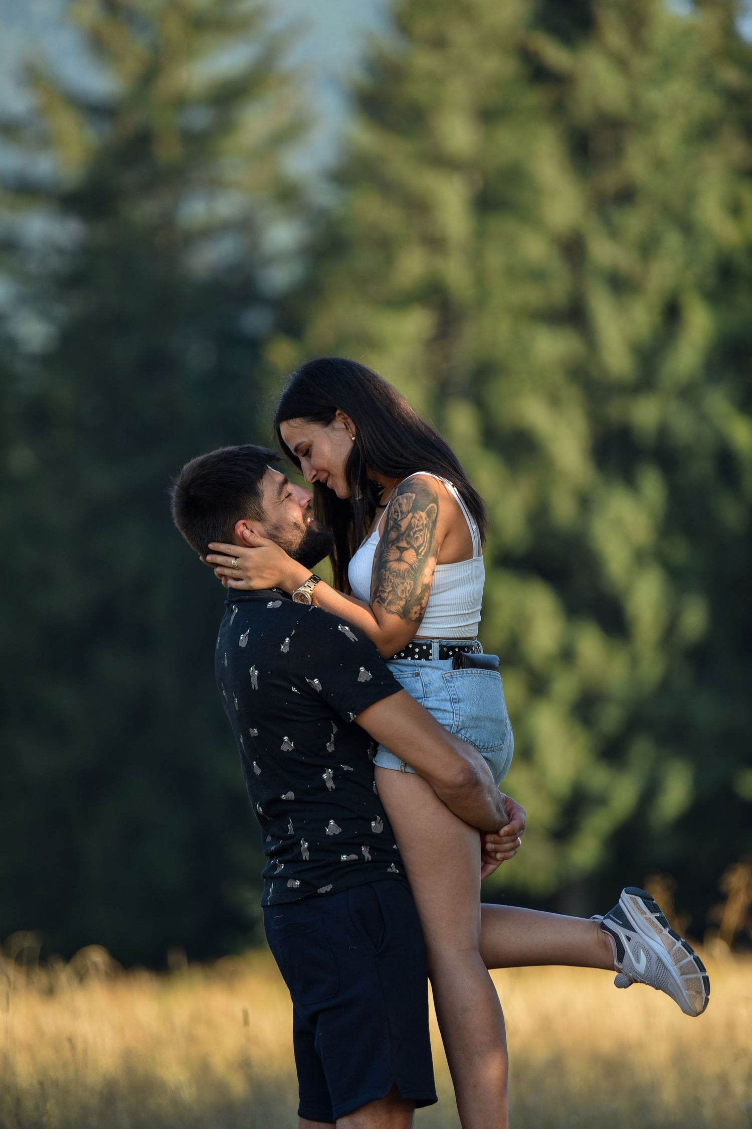 A romantic couple embraces in a golden field at sunset with evergreen trees in the background.