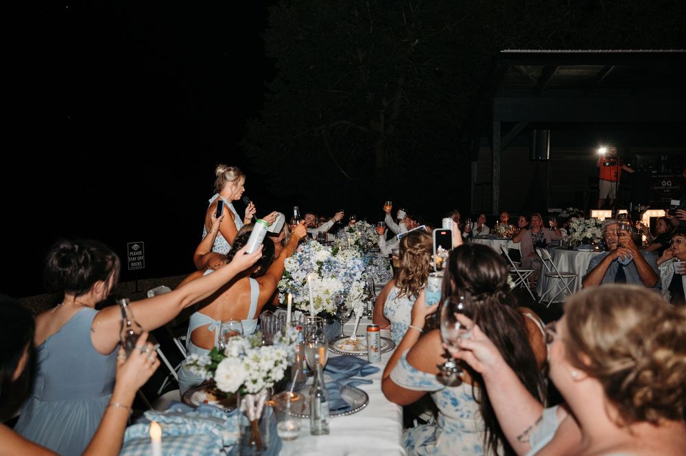 flash photo of bridal party toasting speeches outside at Denali's on the River Independence Iowa by midwest wedding photographer Elisa Tonne