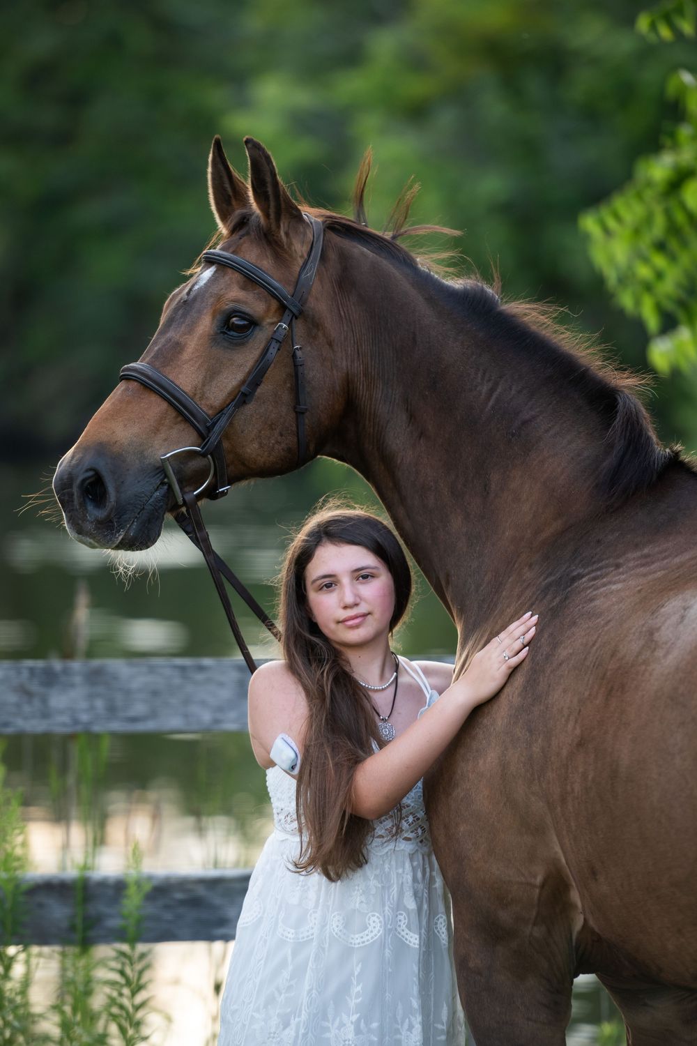 A brown horse and young woman in a white dress pose together for a series of outdoor portraits.