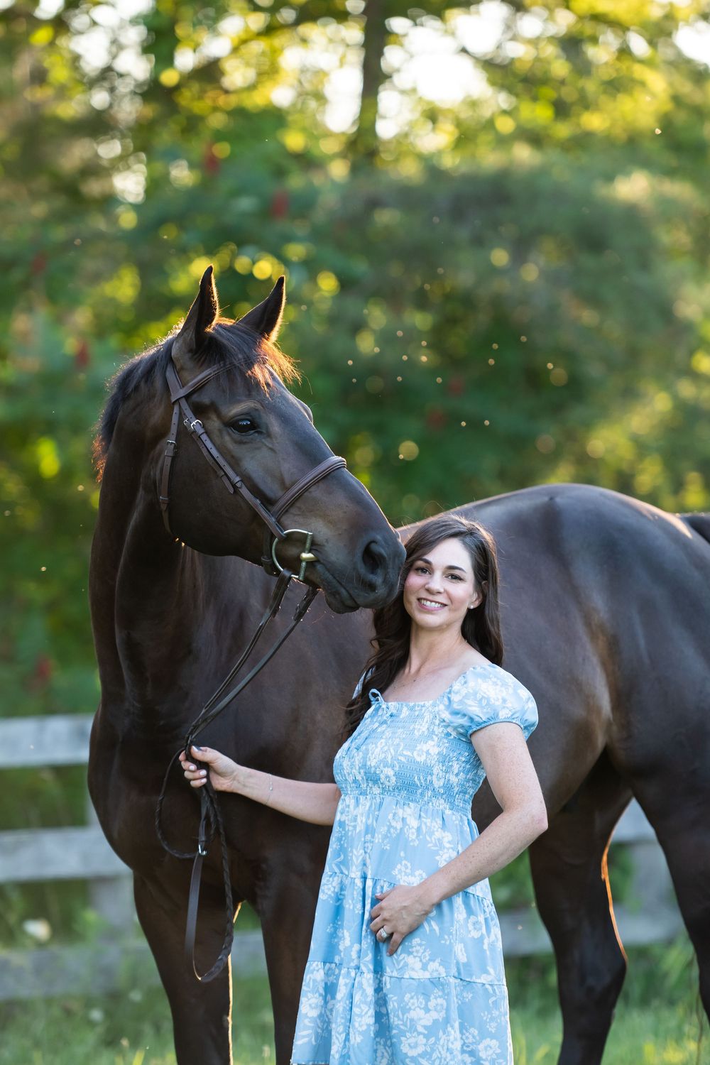 A dark brown horse stands with someone in a light blue floral dress in a sun-dappled outdoor setting.
