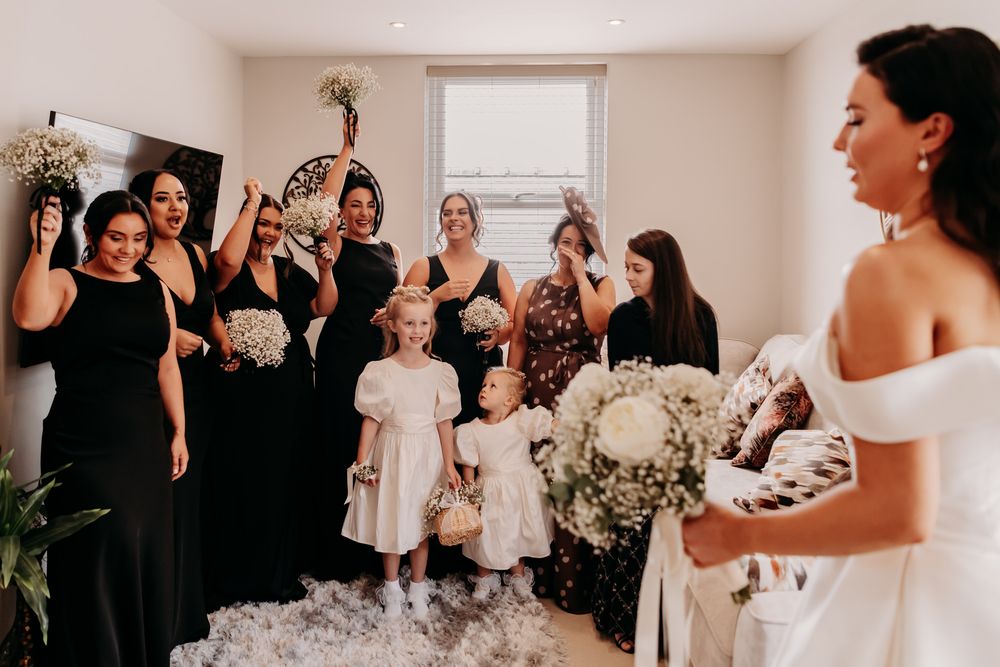 Collage of wedding day moments showing flower bouquets, candid reactions and celebrations during a joyful ceremony.