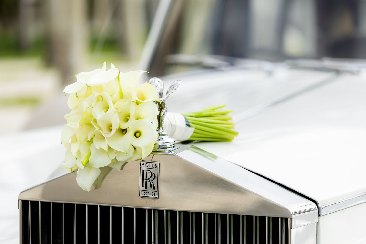 White floral bouquet resting on hood of classic Rolls Royce.