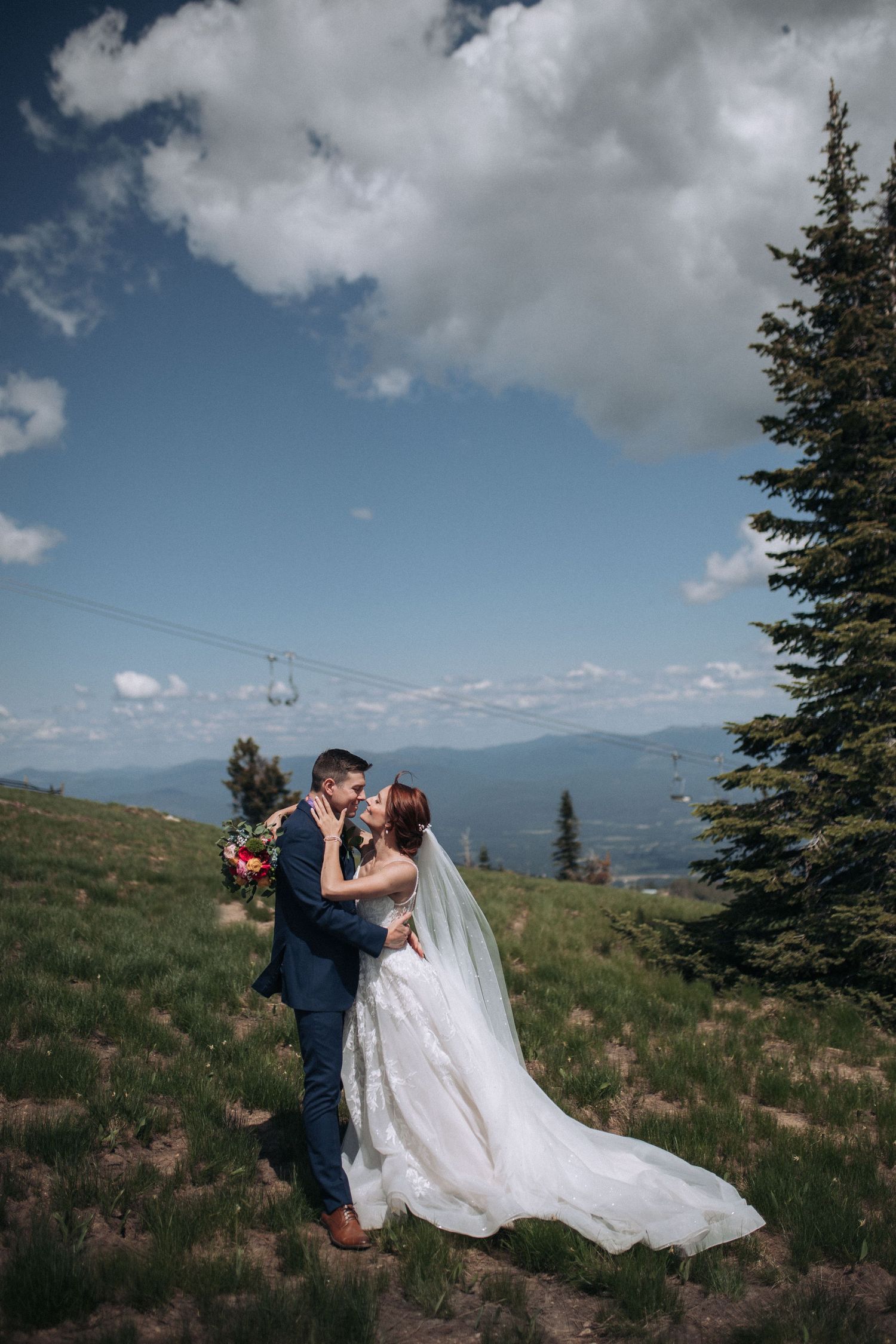 Bride and groom sharing a moment at Schweitzer Mountain wedding in Sandpoint, Idaho