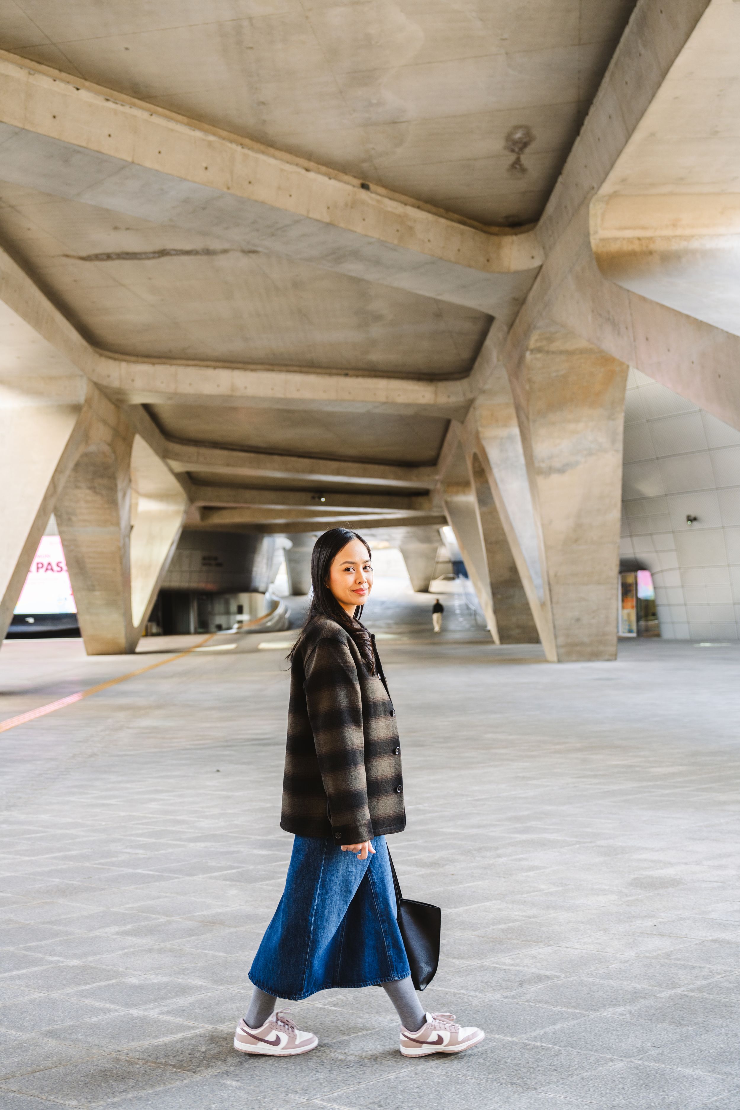 Series of photos showing angular concrete architecture in a modern building interior.