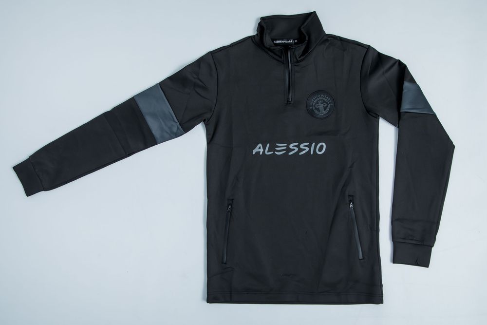 Black athletic quarter-zip pullover with Alessio branding and gray sleeve accents.