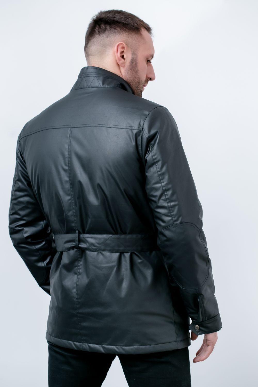 Back view of a person wearing a black leather bomber jacket shown from three different angles against white background.
