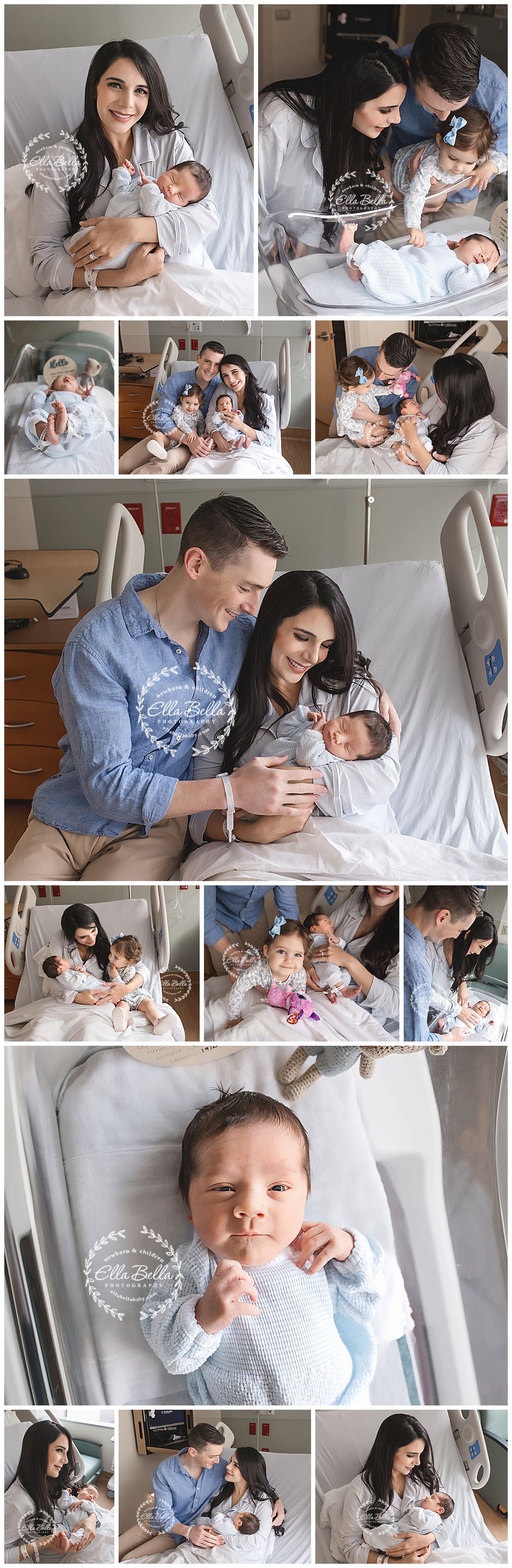 A lifestyle newborn photography session showing tender moments with a baby in white and light blue at home.