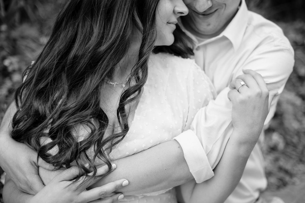 A black and white photo strip shows intimate romantic moments between a couple against a blurred background.