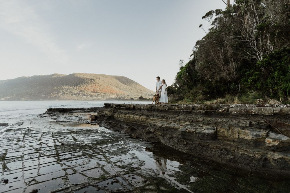 engagement at the Tessellated Pavements, Eaglehawk Neck, Tasmania taken by elopement and wedding photographer Joss Jensen Photography