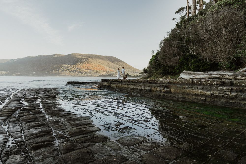 engagement at the Tessellated Pavements, Eaglehawk Neck, Tasmania taken by elopement and wedding photographer Joss Jensen Photography
