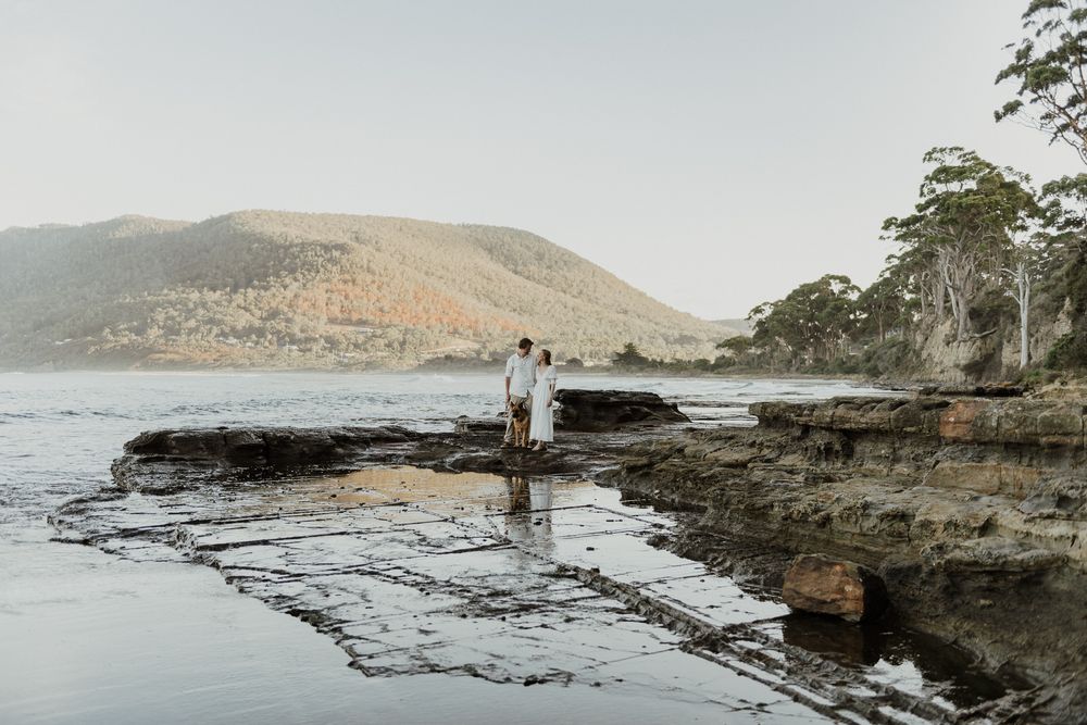 engagement at the Tessellated Pavements, Eaglehawk Neck, Tasmania taken by elopement and wedding photographer Joss Jensen Photography