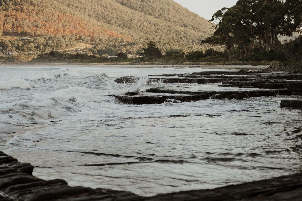 engagement at the Tessellated Pavements, Eaglehawk Neck, Tasmania taken by elopement and wedding photographer Joss Jensen Photography