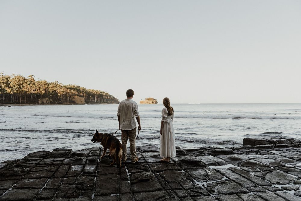 engagement at the Tessellated Pavements, Eaglehawk Neck, Tasmania taken by elopement and wedding photographer Joss Jensen Photography