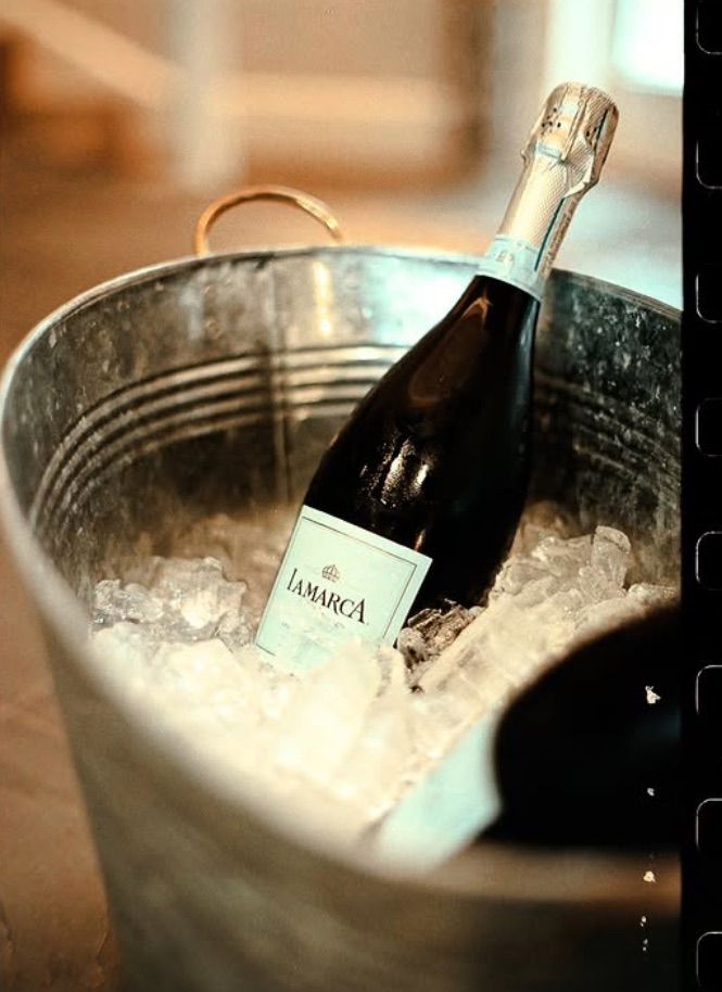 A champagne bottle chilling in a metal ice bucket with crushed ice, creating an elegant display. 35mm Kodak film photography.