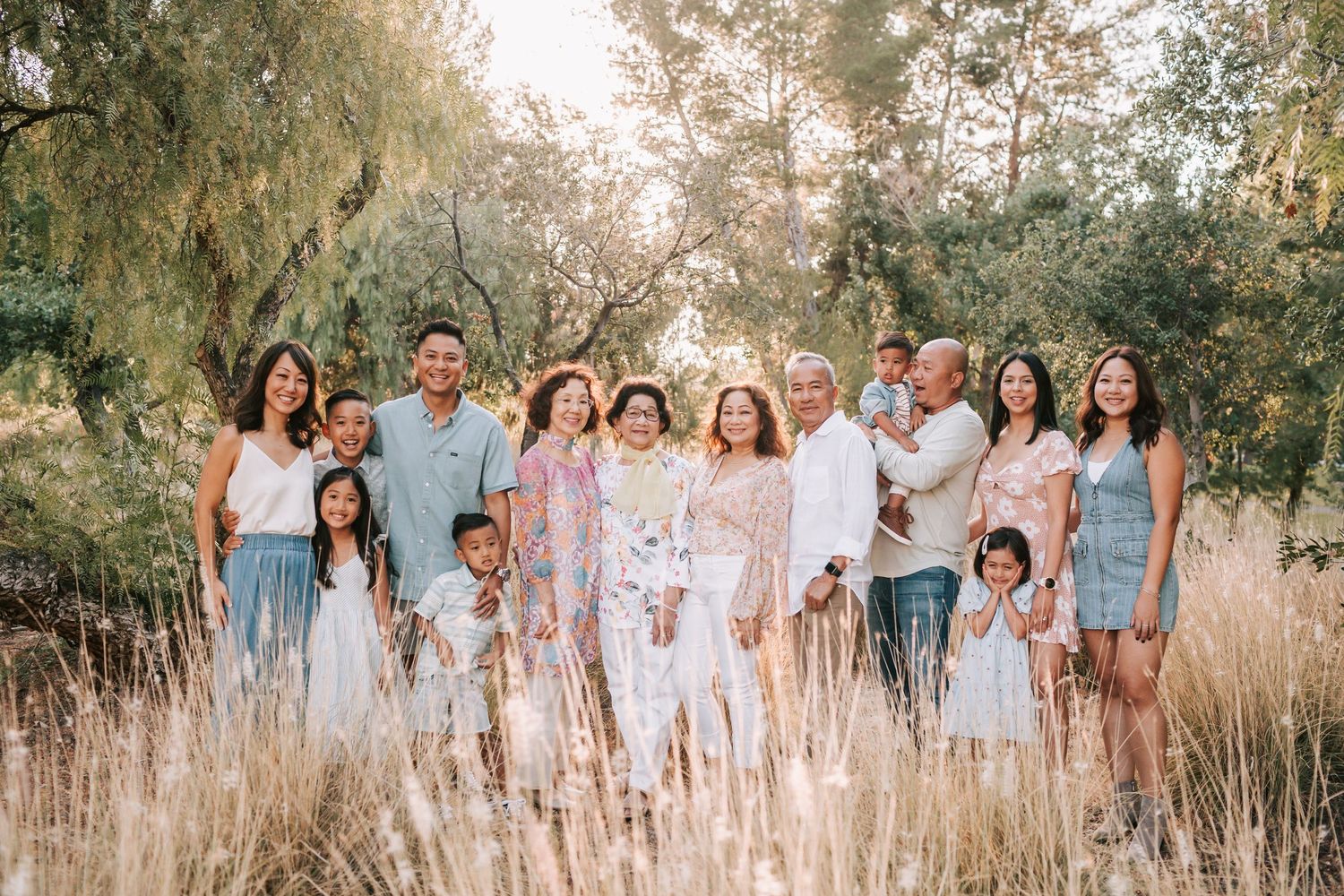 A collection of family portraits showing multiple people wearing coordinated blue and white outfits in an outdoor nature setting.