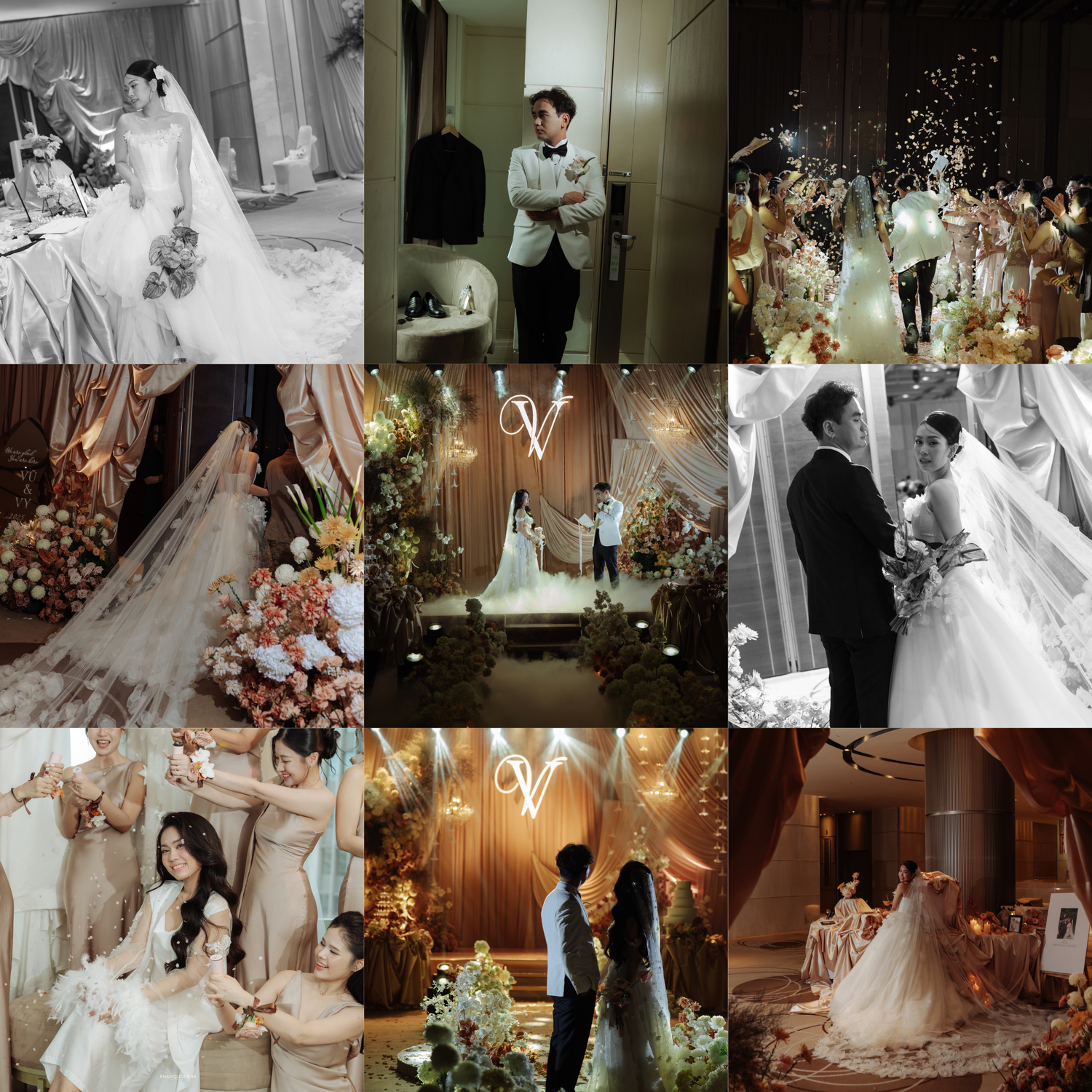 Wedding collage featuring ceremony, reception, floral decor, bridesmaids, and romantic couple moments in warm tones.