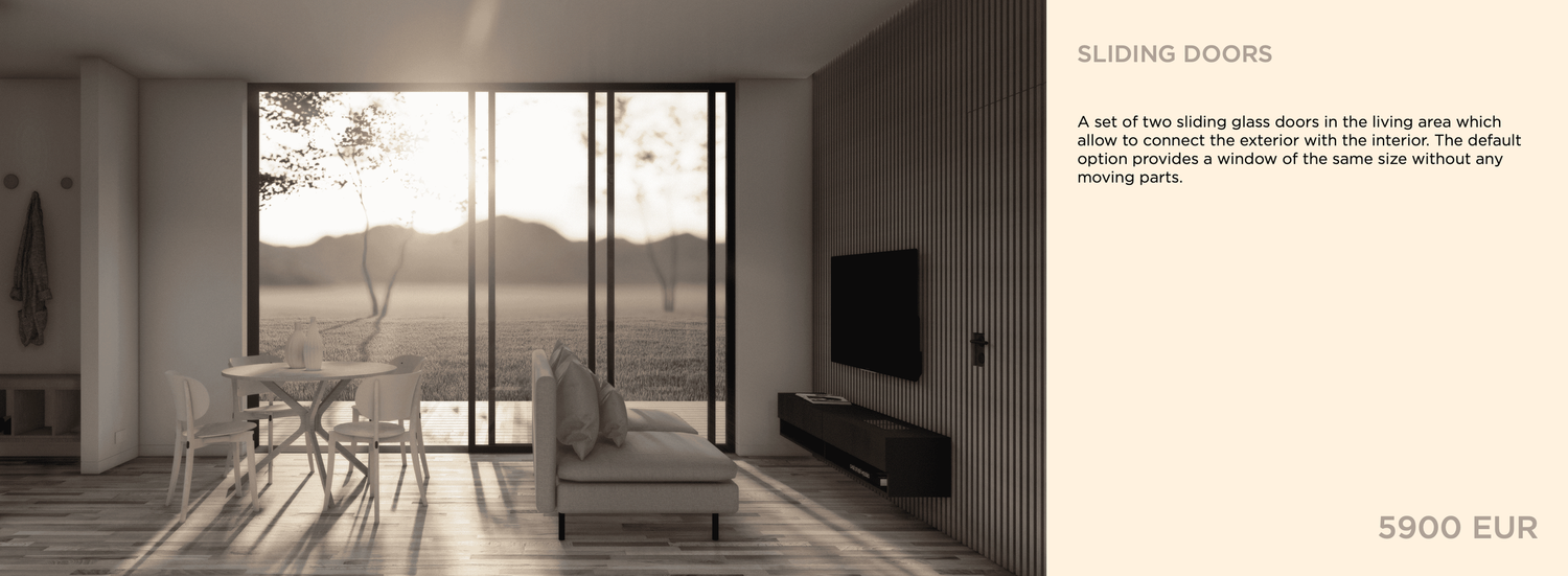 Minimalist black and white architectural rendering of modern office space with sleek furniture and floor-to-ceiling windows.