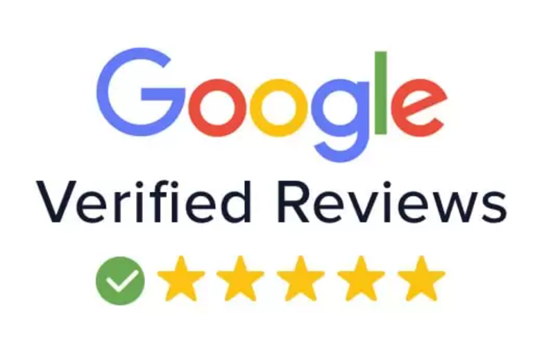 Google logo with five star review rating against white background.