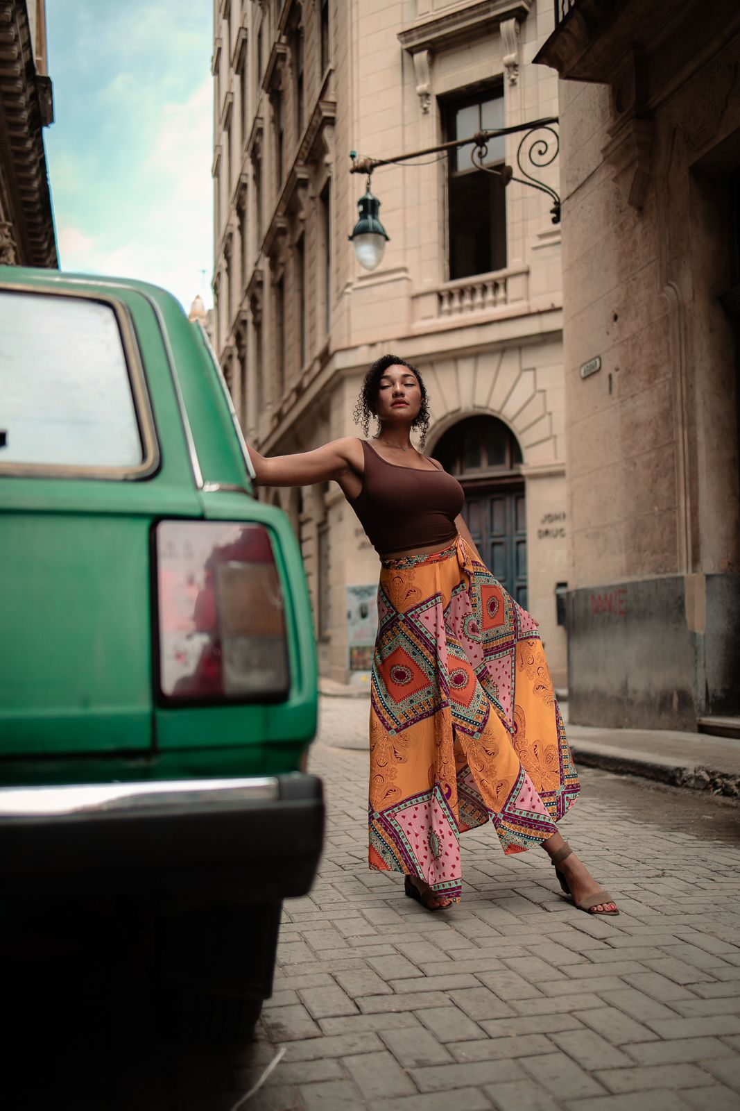 Street style editorial with vintage car, West Palm Beach fashion photography by Mannyportraits, cinematic South Florida vibe