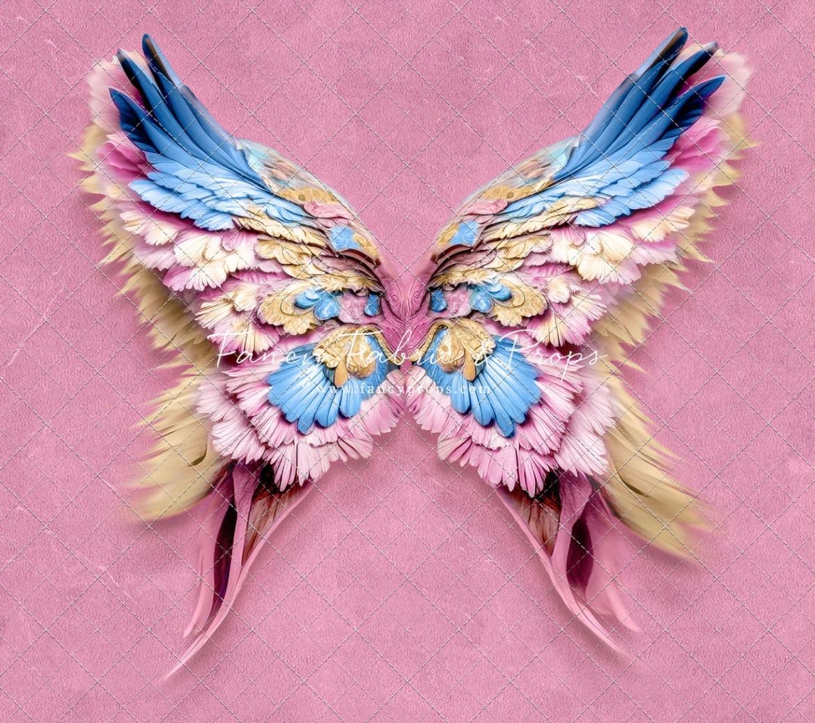 Seamless pattern of colorful angel wings in shades of pink and blue against a light pink background.