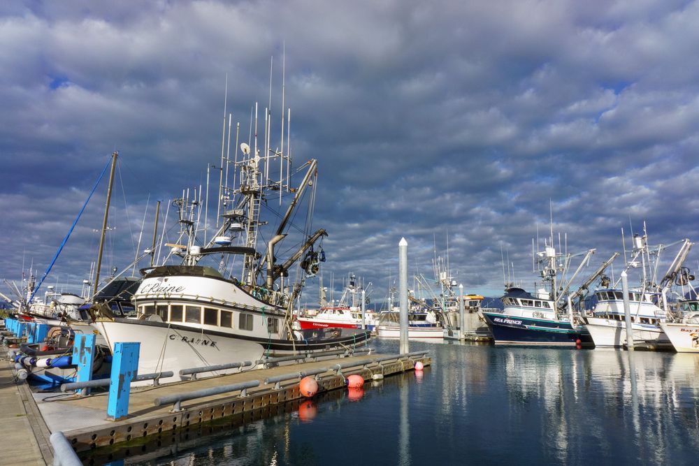 Commercial fishing boats docked at a marina on a cloudy day with dramatic stormy skies overhead.